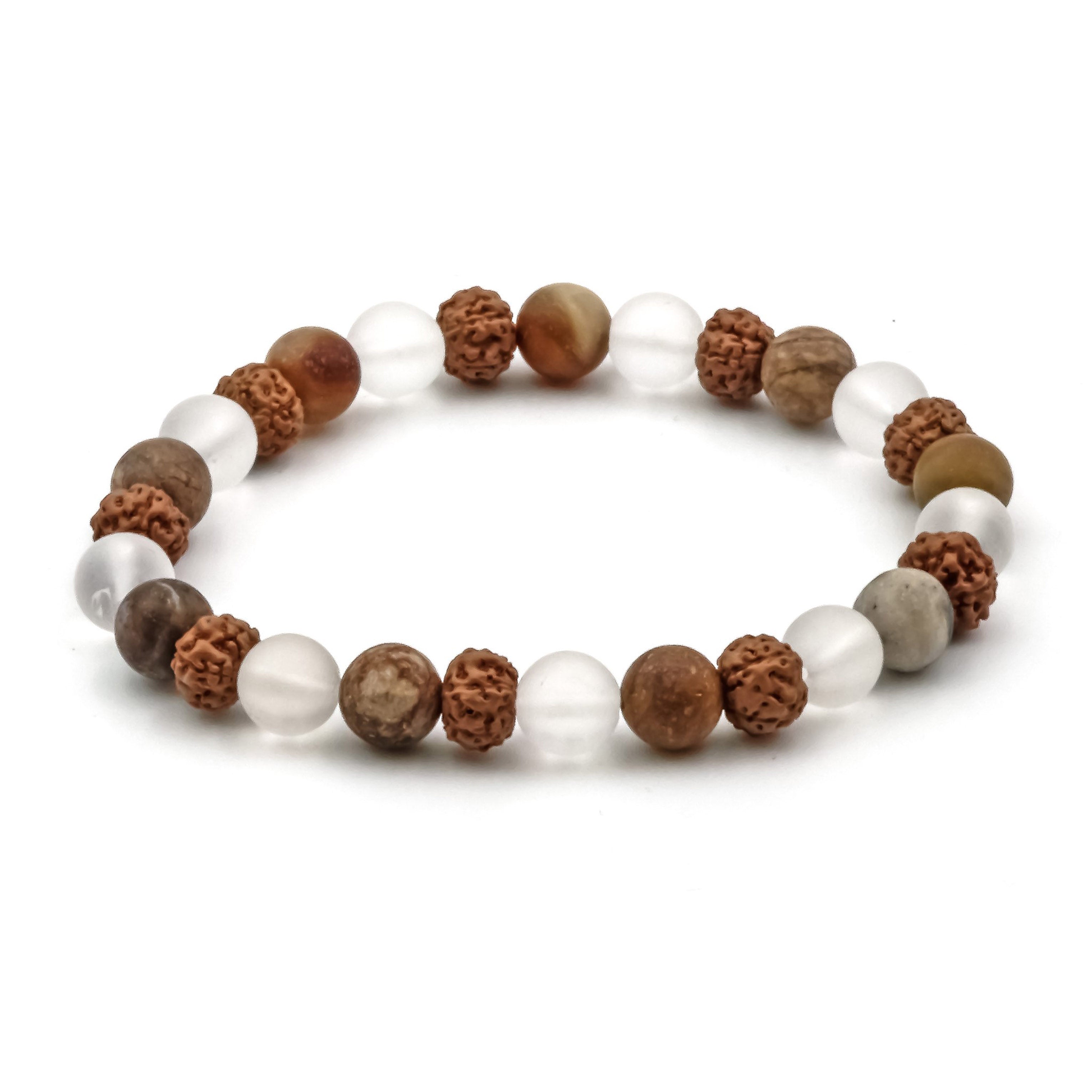 Armband Mens Bergkristall & Rudraksha & Versteinertes Holz