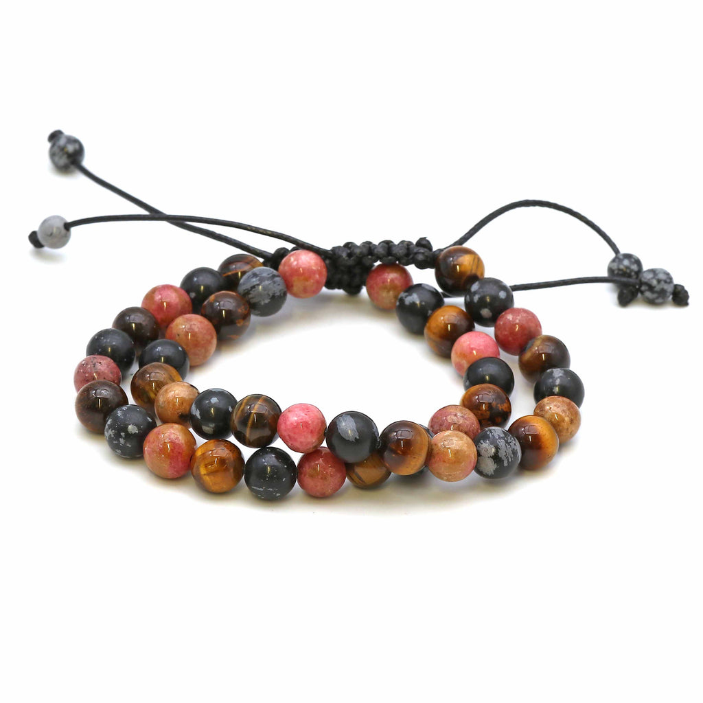 Maitri Rhodonit, Schneeflocken Obsidian & Tigerauge Kugeln Mens Armband